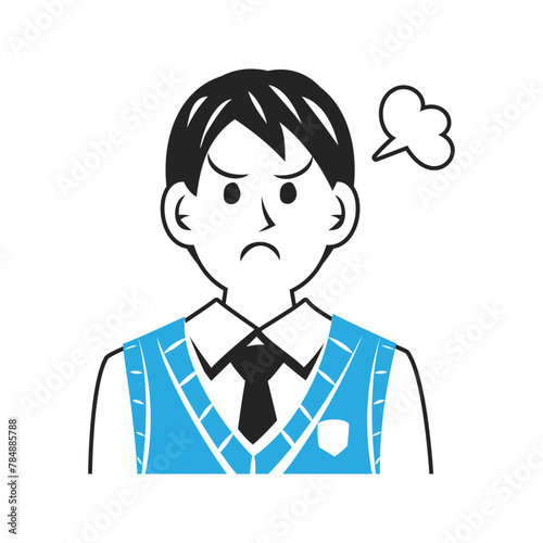 ベストを着た怒る中学生の顔。シンプルなベクターイラスト。
Face of an angry middle school student wearing a vest. Simple vector illustration.