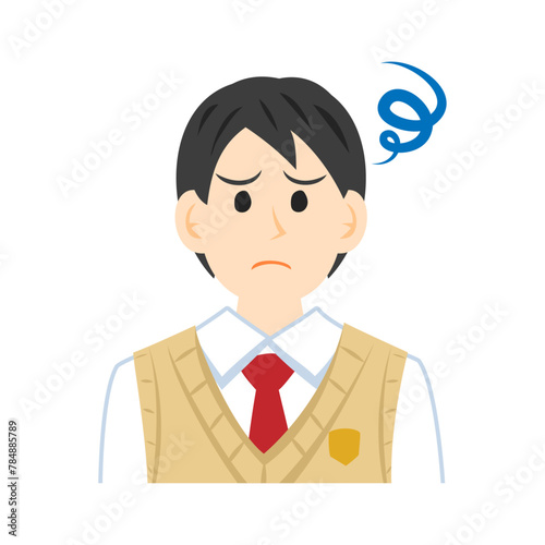ベストを着た悩む中学生の顔。フラットなベクターイラスト。
Face of a troubled middle school student wearing a vest. Flat vector illustration.