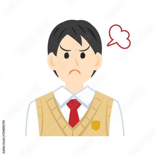 ベストを着た怒る中学生の顔。フラットなベクターイラスト。
Face of an angry middle school student wearing a vest. Flat vector illustration.