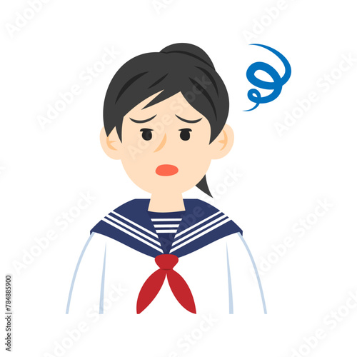 セーラー服を着た悩む中学生の顔。フラットなベクターイラスト。
Face of a troubled middle school student wearing a sailor suit. Flat vector illustration.