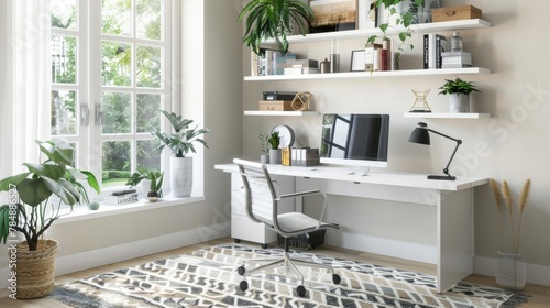 In the home office the matte white desk and shelves add a Scandinavian touch to the otherwise contemporary space. A matte black desk lamp and geometric patterned rug add visual interest . photo