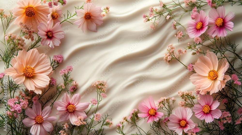 Background with light sand, flowers as decor top view with copy space Background with light sand, flowers as decor top view with copy space