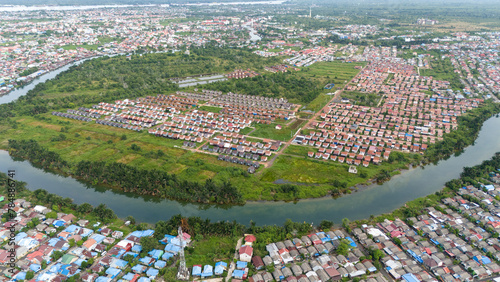View of dense housing in South Kalimantan from a drone during the day