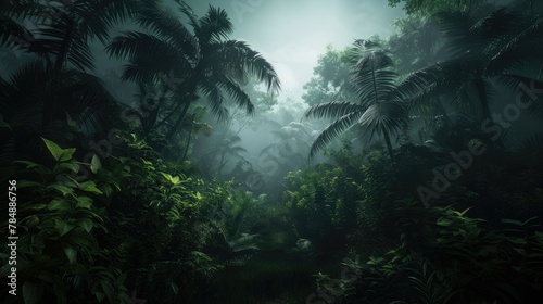 Enshrouded in Mystery: A Haunting Jungle Blanketed in Eerie Fog and Dense Foliage photo