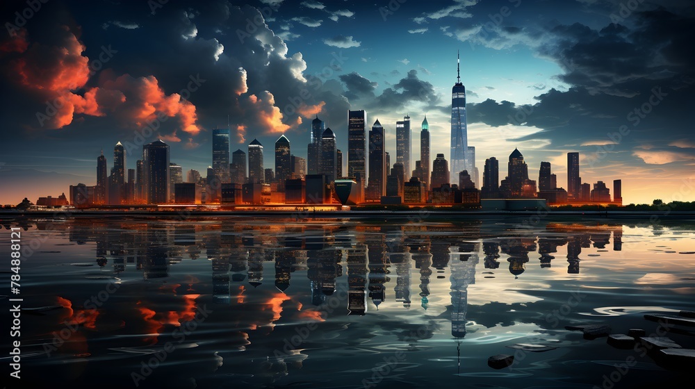Obraz premium Nighttime cityscape with a stunning skyline and lights glistening on the water, enhancing the charm of the urban waterfront