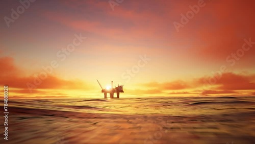 Aerial View Of Offshore Jack Up Drilling Rig During Sunset, Oil And Gas Industry