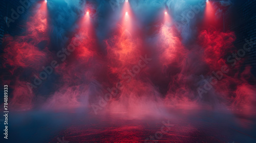 Darkened Stage Illuminated by Red and Blue Spotlights with Swirling Fog