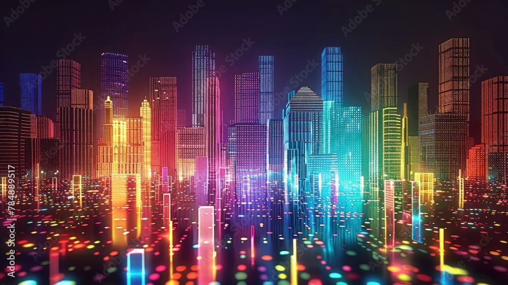 Vibrant Cityscape: Skyscrapers Aglow in a Rainbow of Colors