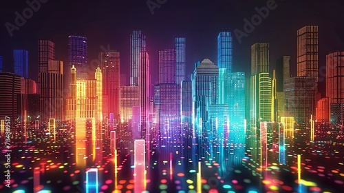 Vibrant Cityscape  Skyscrapers Aglow in a Rainbow of Colors