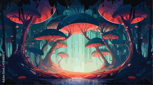 Whimsical fairytale forest where trees grow upside