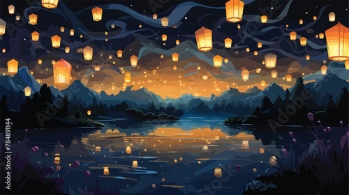 Whimsical garden of floating lanterns illuminating