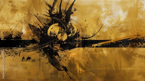 Japanese abstract illustration as if drawn in black ink on a gold folding screen photo