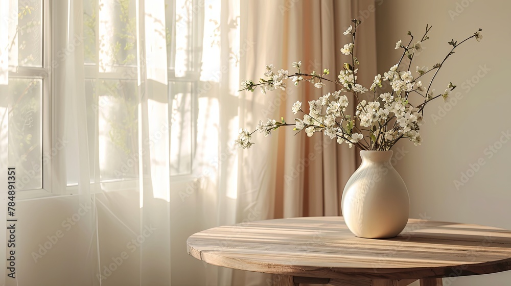Nordic Elegance White Blooms on Wooden Table in Minimalist Home Nordic Elegance White Blooms on Wooden Table in Minimalist Home