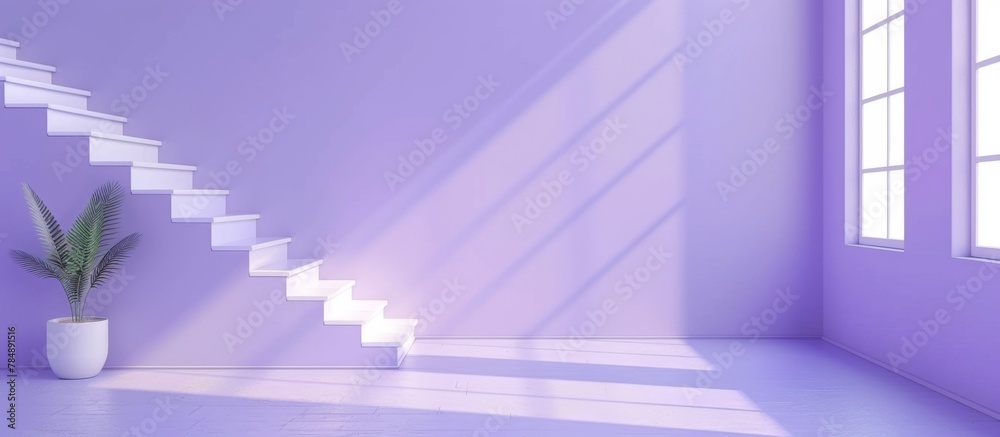 Inside a vibrant purple room, a staircase is visible with a decorative potted plant making the space lively Inside a vibrant purple room, a staircase is visible with a decorative potted plant making the space lively