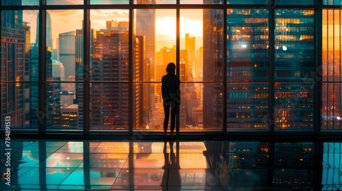 A cinematicstyle portrait of a person standing confidently in front of a floortoceiling window looking out at a bustling urban cityscape. The image reflects the dynamic and forwardthinking .