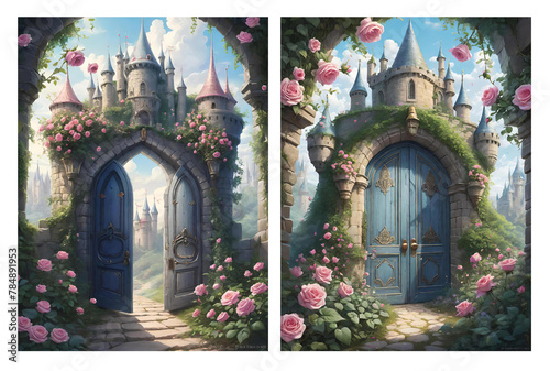 2 Vintage Romantic Fairy Tale Door Illustrations with lots of Flowers on Transparent Background - generative AI