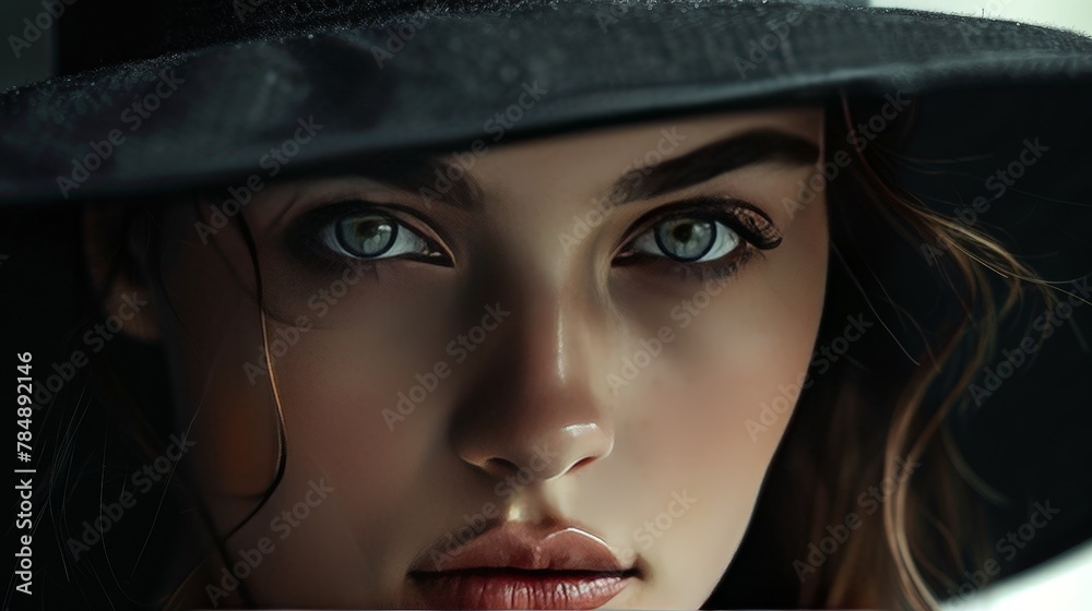 A captivating close-up of a fashion model, her gaze piercing through the camera, the brim of an elegant black hat casting a soft shadow that accentuates the mystery in her eyes. A captivating close-up of a fashion model, her gaze piercing through the camera, the brim of an elegant black hat casting a soft shadow that accentuates the mystery in her eyes.