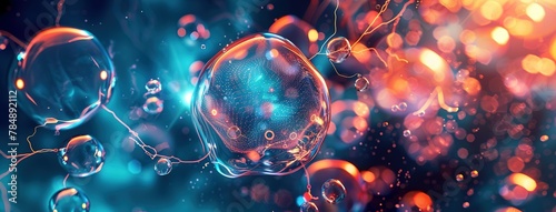 A sci-fi network of cells and futuristic alien bubbles. Neural connections to electrical impulses. Concept of complexity and mystery. Illustration for poster, cover, brochure or presentation