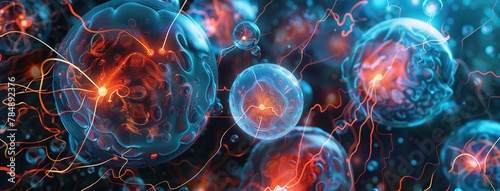 A sci-fi network of cells and futuristic alien bubbles. Neural connections to electrical impulses. Concept of complexity and mystery. Illustration for poster, cover, brochure or presentation