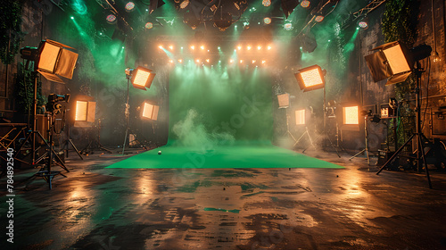 Film Studio with Professional Equipment and Green Screen for Cinematic Production