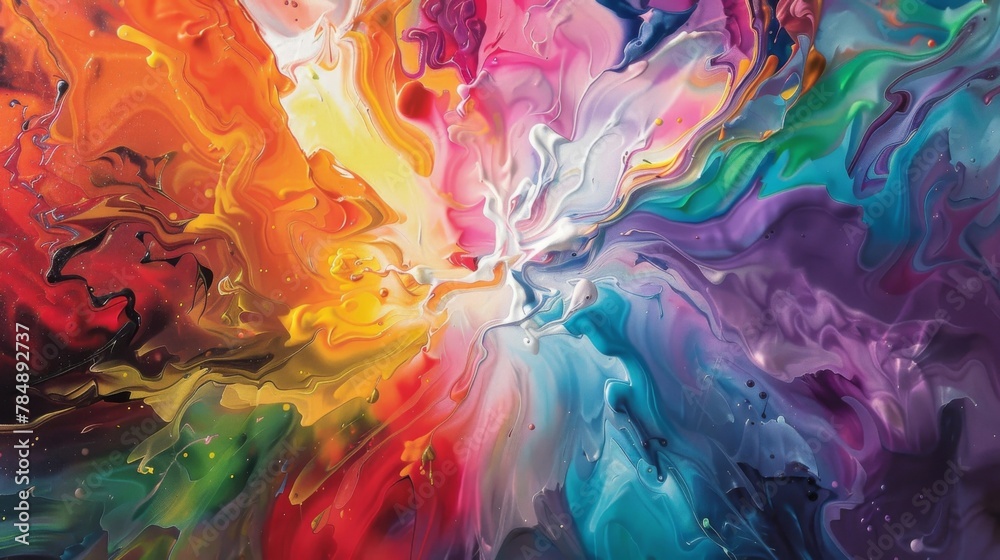 Swirls of rainbow hues blend and twist in a magnificent abstract explosion.
