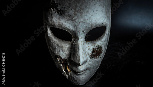 Mask, white, ragged, rust, scary, horror, suspicious, crumbling, close-up, black background