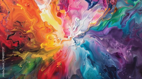 Swirls of rainbow hues blend and twist in a magnificent abstract explosion.