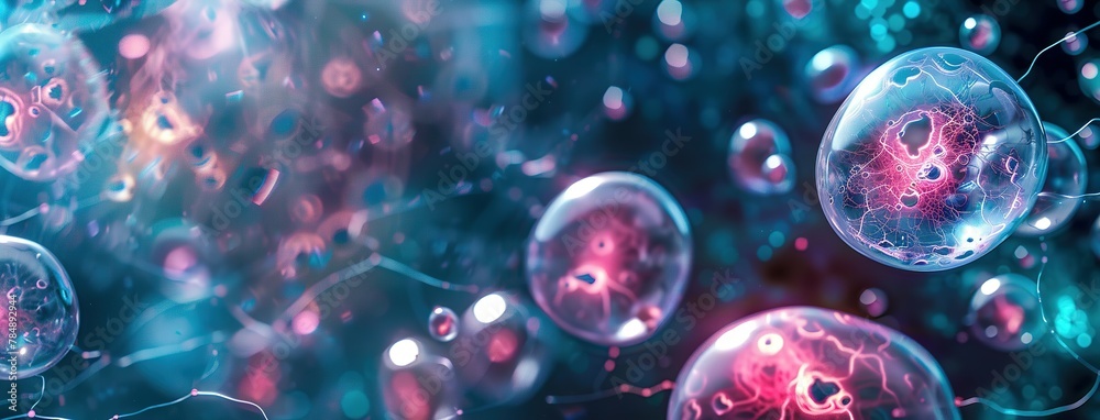 A sci-fi network of cells and futuristic alien bubbles. Neural connections to electrical impulses. Concept of complexity and mystery. Illustration for poster, cover, brochure or presentation