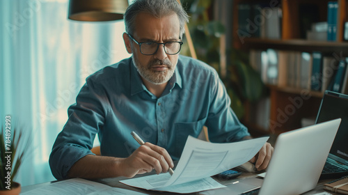 Serious and focused financier accountant on paper work inside office, mature man using calculator and laptop for calculating reports and summarizing accounts, businessman at work in casual clothes. photo