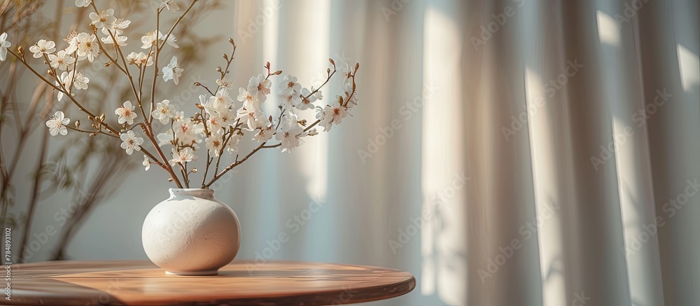 Nordic Elegance White Blooms on Wooden Table in Minimalist Home Nordic Elegance White Blooms on Wooden Table in Minimalist Home