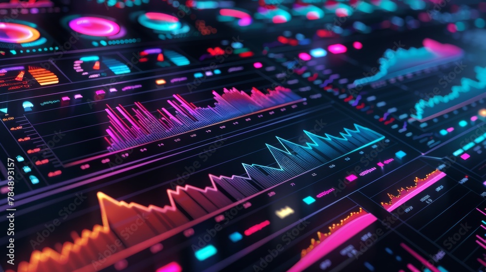 A background filled with colorful charts, graphs, and data visualizations representing business analytics and performance.