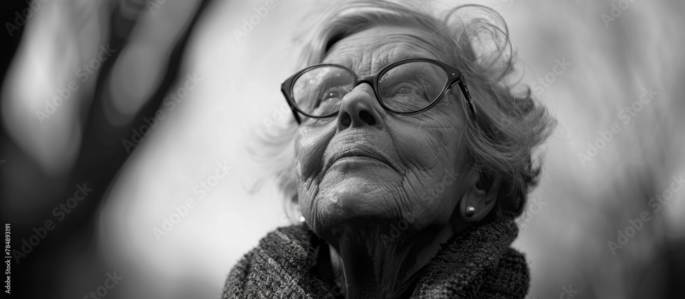 An aged woman with spectacles is featured in a black and white photograph, displaying a timeless portrait