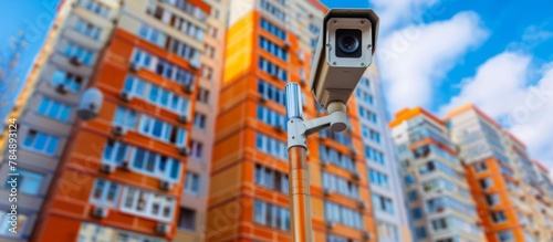 A camera is attached to a tall pole, set up in front of a modern building for security purposes