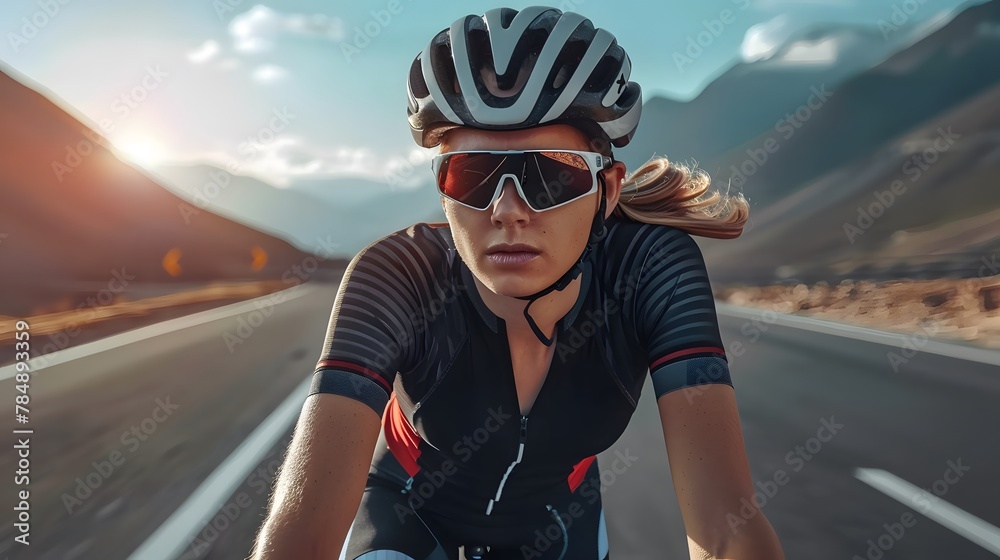 A fit, sporty young woman wearing a helmet and glasses exercises by cycling outside along a road on the mountain. She is riding a bike for endurance and cardio during her workout and training session. A fit, sporty young woman wearing a helmet and glasses exercises by cycling outside along a road on the mountain. She is riding a bike for endurance and cardio during her workout and training session.