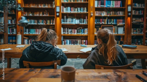 Two friends sit side by side at a long wooden table both facing away from the camera. One is scribbling notes in a notebook while . .