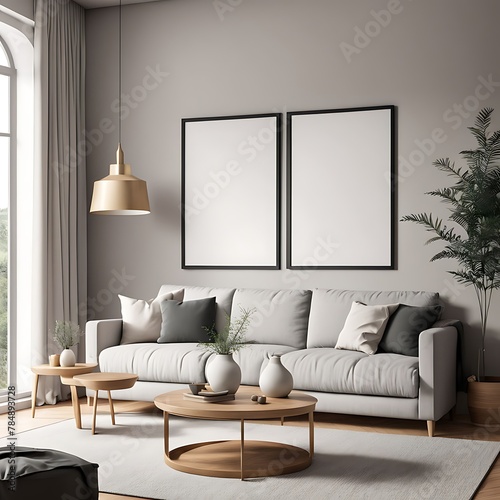  Frame mockup Living room wall poster mockup. Interior mockup with house background. Modern interior design. 3D render 