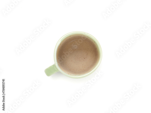 Top view, flat lay hot coffee in green mug isolated on whithe background..