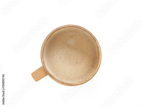 Top view, flat lay hot coffee in brown mug isolated on whithe background..