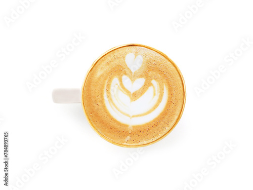 Top view, flat lay hot latte coffee with art heart shape in white ceramic mug with brown rim isolated on whithe background. space for your text.