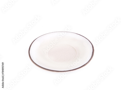 front view, empty beige round ceramic plate with brown rim isolated on a white background. Use for home or restaurant, food design. Kitchen accessory. ..