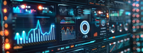 A background filled with colorful charts, graphs, and data visualizations representing business analytics and performance.