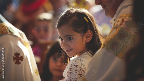 A child undergoing a religious rite of passage, surrounded by family and clergy, marking an important spiritual milestone in their life.