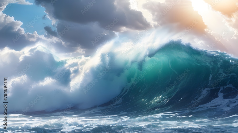 Fototapeta premium A powerful ocean wave, with its majestic and dynamic shape, symbolizing the power of nature's elements. For Design, Background, Cover, Poster, Banner, PPT, KV design, Wallpaper