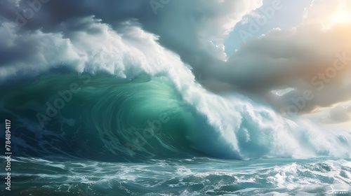 A powerful ocean wave, with its majestic and dynamic shape, symbolizing the power of nature's elements. For Design, Background, Cover, Poster, Banner, PPT, KV design, Wallpaper