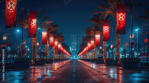 Cityscape of Saudi Arabia adorned with vibrant red soccer ball banners hanging from elegant lamp posts