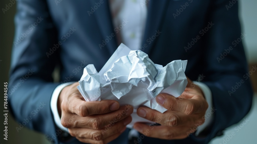 A close-up of a businessman's hands tightly clutching a crumpled document, the tension in his grip conveying the frustration of unmet expectations or deals gone awry.