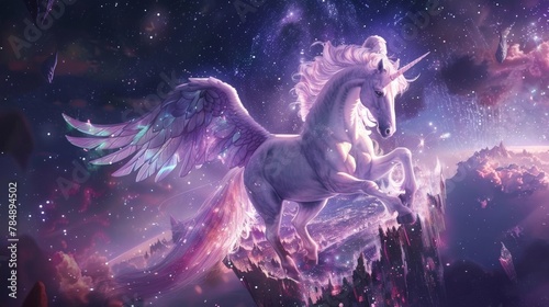 In a celestial realm filled with stars and constellations a majestic Pegasus with a luminous lavender mane spreads its wings atop . .