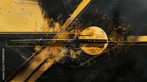 Illustration in gold and black ink with Japanese sword photo