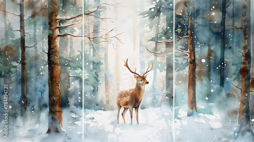 Watercolor painting, 3 separate panels, deer in the middle of a snowy forest