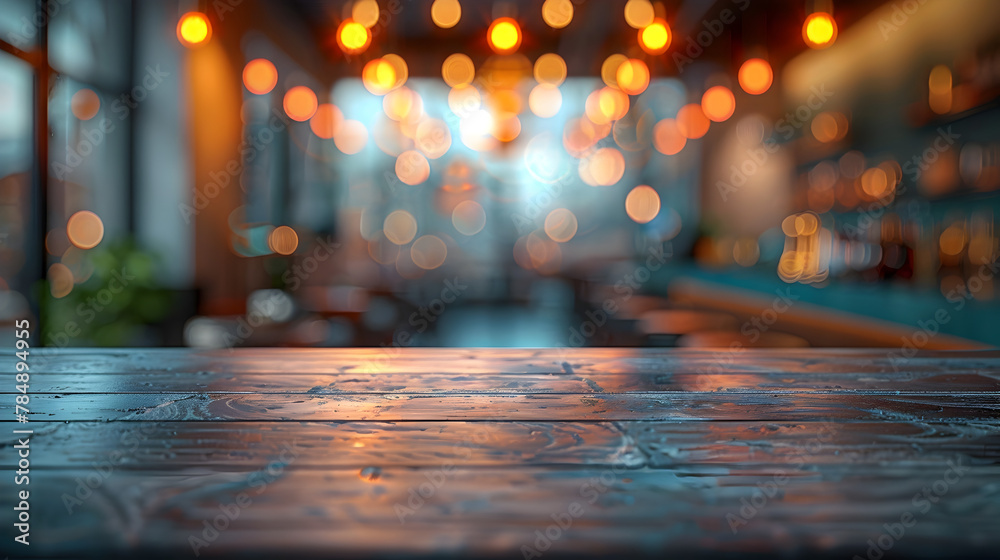 Modern Bar Interior with Bokeh Lights and Empty Wooden Table Atmospheric Public Relations Still Life Modern Bar Interior with Bokeh Lights and Empty Wooden Table Atmospheric Public Relations Still Life